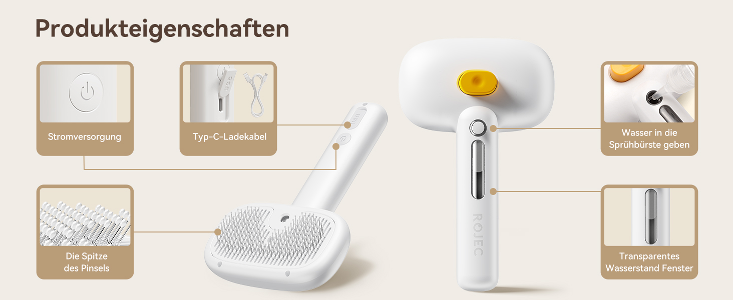 Щітка для котів ROJECO з парою, багатофункціональна, 3-в-1 проти підшерстка та ковтунів, 3 режими розпилення, самоочищення, для довгошерстих та короткошерстих котів та собак, білий колір