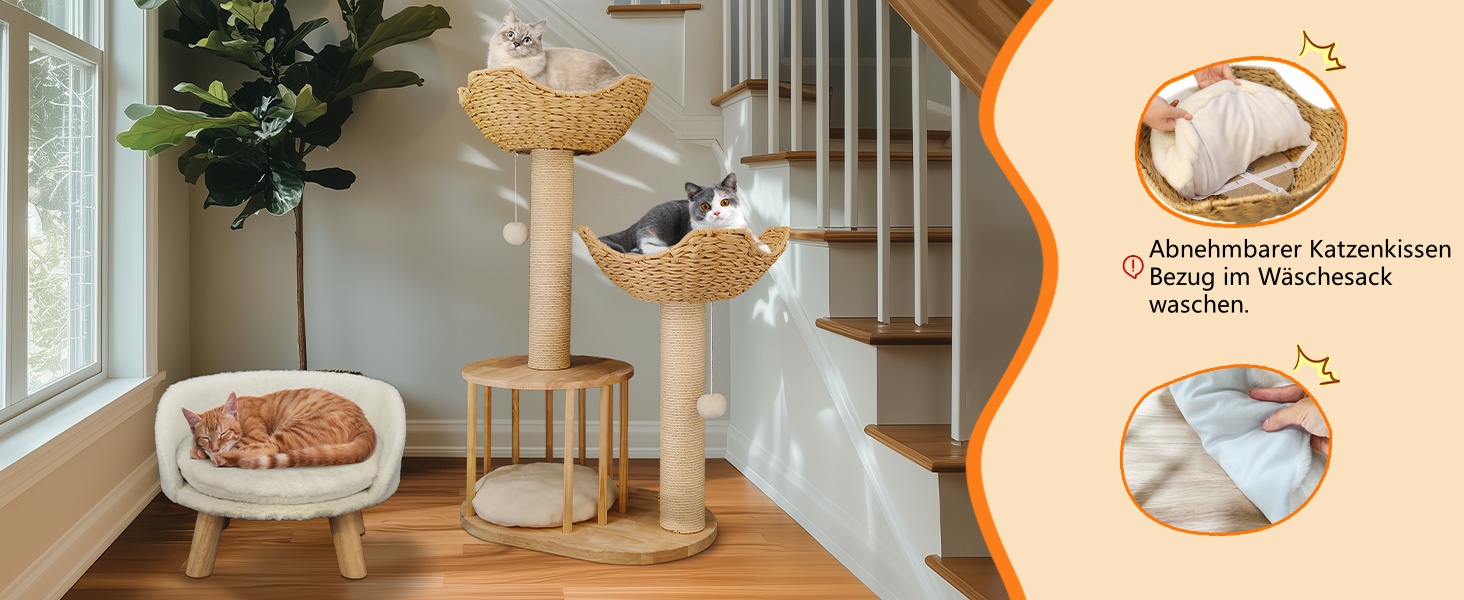 Дерев'яний кігтеточка для котів BingoPaw: сучасний комплекс 99 см з будиночком, м'ячиком та сизалевою колоною. Підходить для котів будь-якого віку.