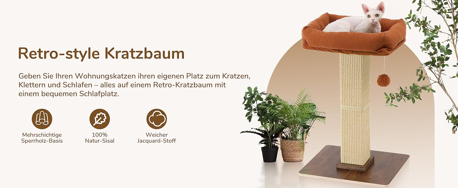 Високий котячий будиночок FUKUMARU з платформою 46x36 см, з натурального сизалю та масивного дерева. XL