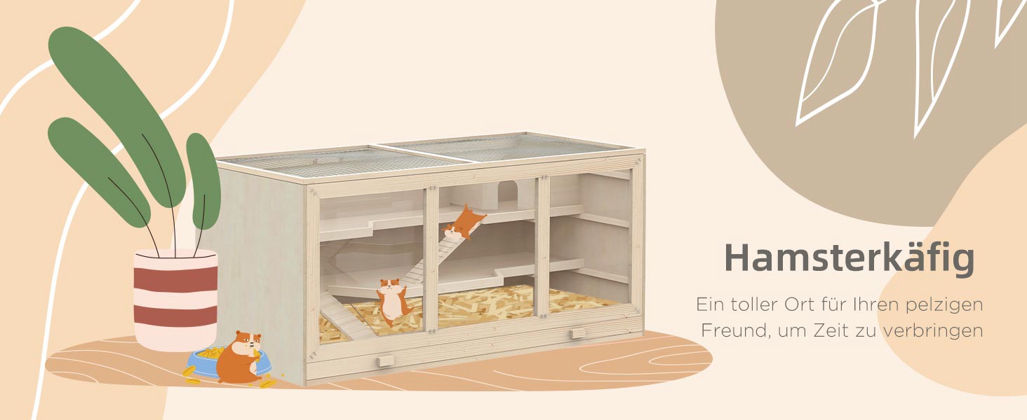 Клітка для тварин PawHut, клітка для гризунів з рампою та гойданням, верхня кришка відкривається, знімна піддон, дерево сосна та PS пластик, 115 x 60 x 55 см