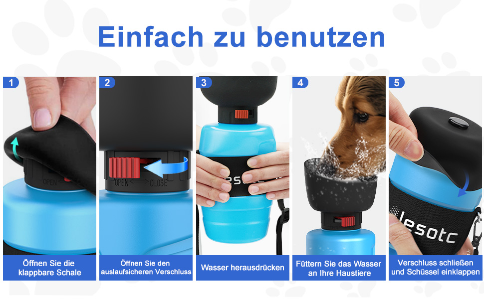 Складана пляшка для води для собак Lesotc 1000 мл, витоку немає, блакитна