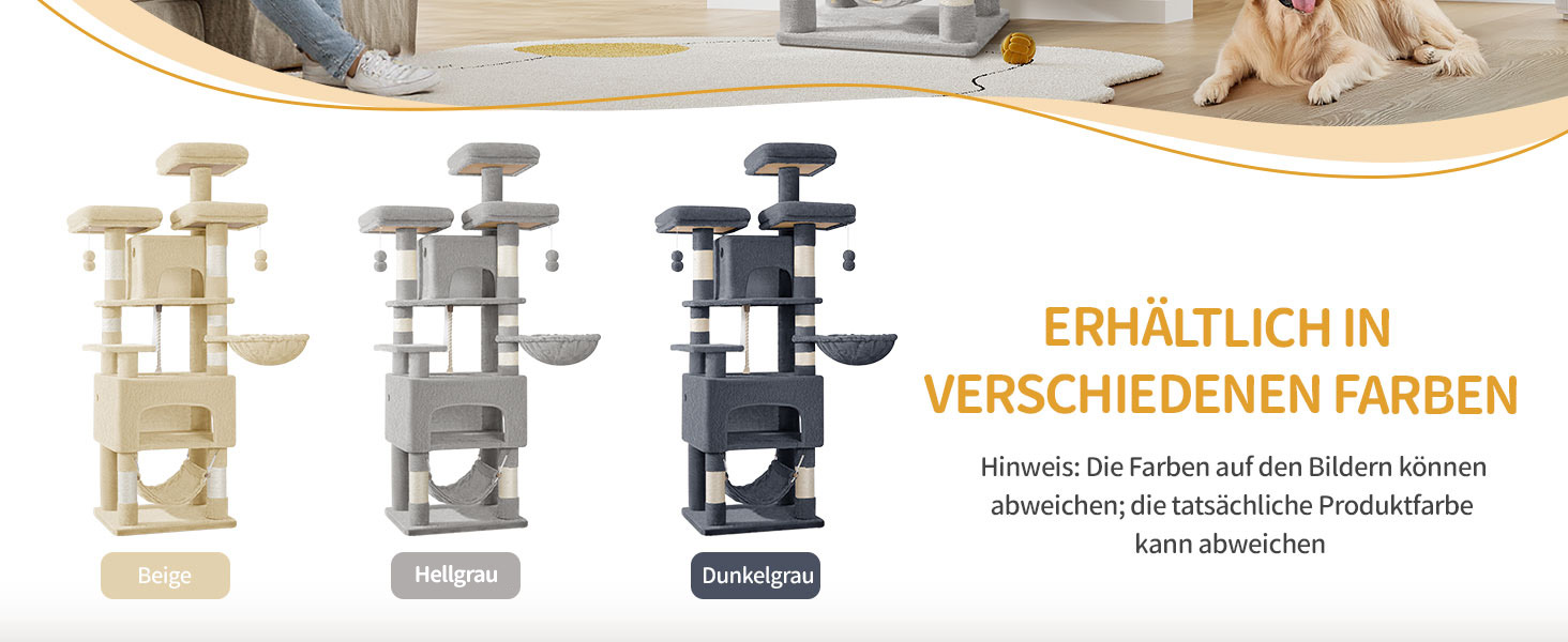 Кігтеточка для котів Hzuaneri, 176 см, XL, 3 платформи, 2 печери, 7 стовпчиків, гамак, плюшеві кульки, для багатокотових сімей, MS17618SG (Світло-сірий)