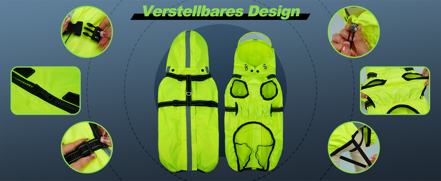 Водонепроникний дощовик для собак OUOBOB з відкидною капюшоном та світловідбиваючими смугами, H-подібне кріплення, розмір M, колір: Neon Green