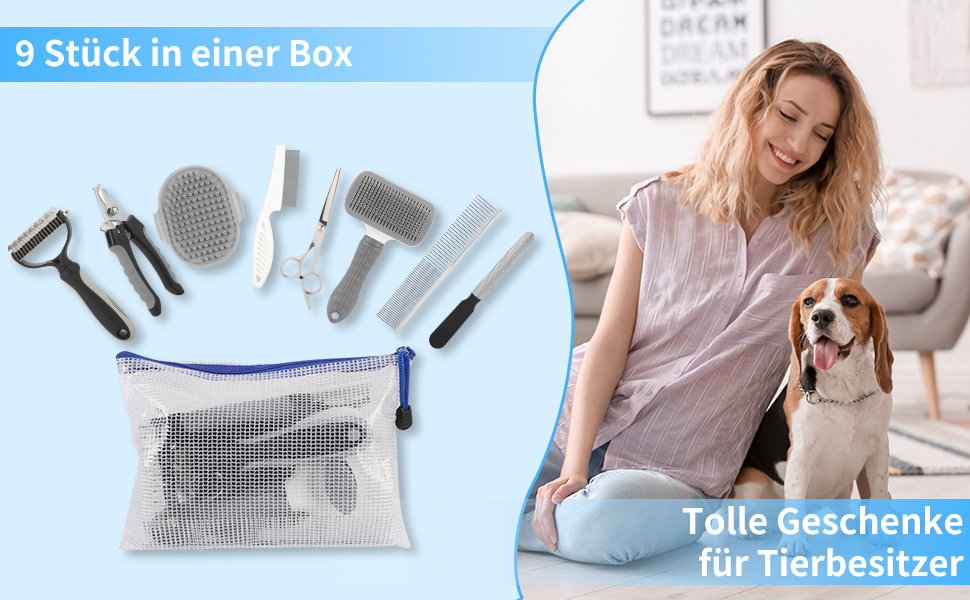 Набір для догляду за шерстю собак та котів (9 шт.) - щітка для самостійного очищення, гребінець для видалення ковтунів, триммер для кігтів з напилком, гребінець від бліх, рукавичка для миття - професійний набір для короткої та довгої шерсті (сірий)