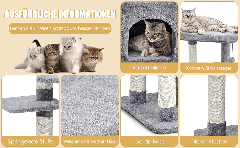 Дряпак для котів COSTWAY, 85 см, з будиночком, м'яким сидінням, м'ячиком та сизалевими стовпчиками, сірий