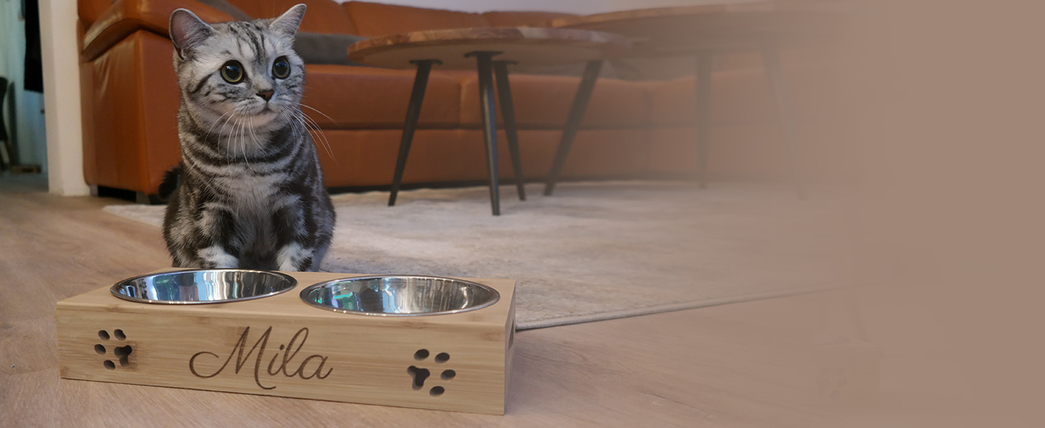 Кормушка для котів LAUBLUST з іменним гравіюванням - Натуральне дерево | 31x15x6 см - 2 миски з нержавіючої сталі (0,35л кожна) | Підвищена годівниця для котів | Сріблясті миски для котів