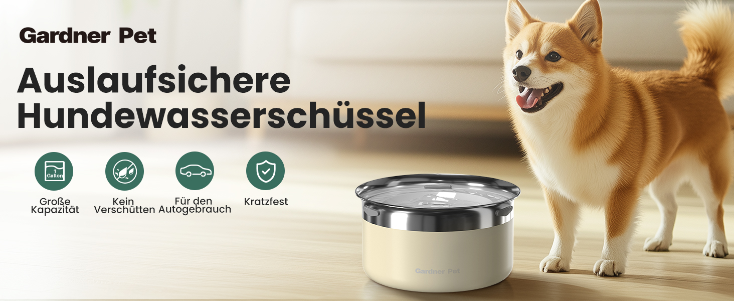 Нержавійна миска для води для собак Gardner Pet 3,85 л, проти протікання, без облизування, для великих собак, підходить для дому та вулиці