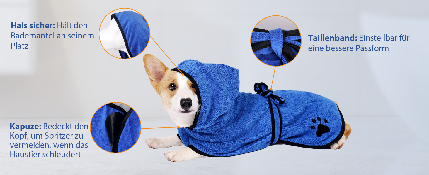 Рушник для собак з капюшоном, вбираючий рушник для сушіння після купання, підходить для собак та котів усіх порід, розмір L (блакитний)