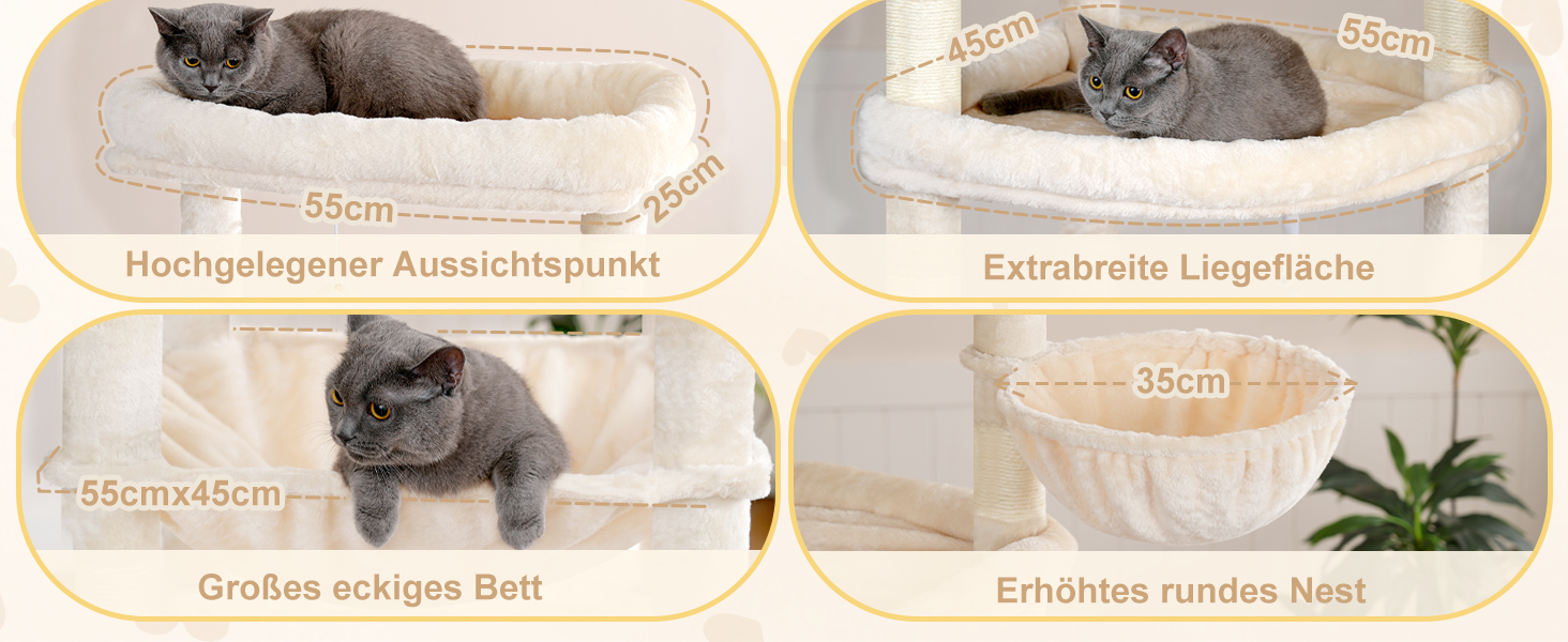 Драбина-кіготь Heybly HCT038W (Бежева) 202 см з 2 великими лежаками, когтеточкою, гротом, кошиком, сизалевим стовпом та гамаком. Підходить для дорослих котів