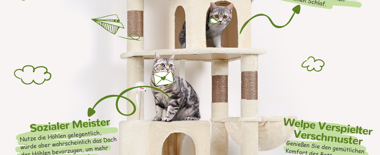 Драбина для котів Globlazer, 183 см, XXL, бежева. Місце для відпочинку, печери, стійка для великих котів (Maine Coon, BKH). Іграшки, активна зона.