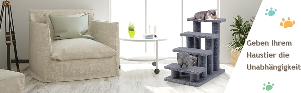 Сходи для котів і собак COSTWAY, 4 ступені, дерев'яні, до 25 кг, 61x41x60 см, сіра, для домашніх тварин