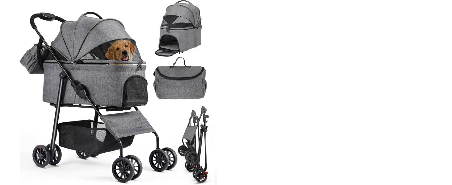 Візок для собак Mamizо 3-в-1, до 30 кг, з сумкою, поворотні колеса, для собак та котів, сірий