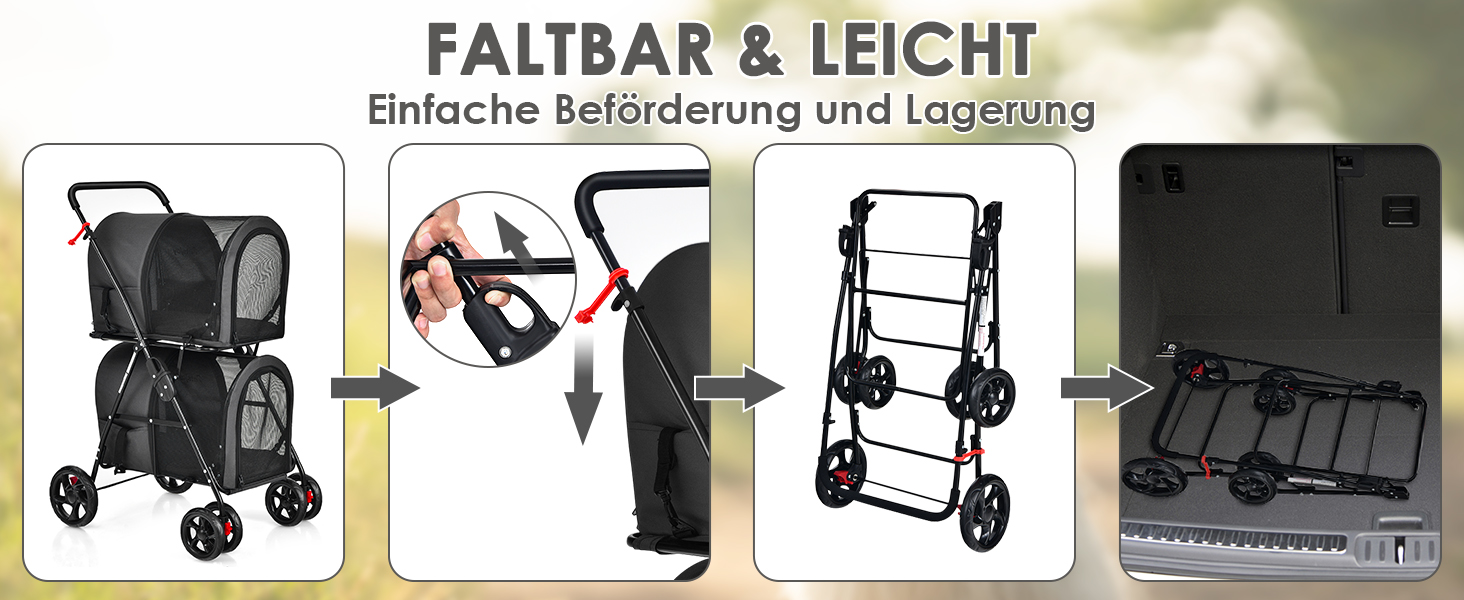 GYMAX Складаний візок для собак, буги для тварин з 2 знімними кишенями, візок для собак з передніми та задніми дверцятами, переноска для домашніх тварин з сітчастою тканиною та колесами з гальмами, переноска для собак та котів (Блакитний)