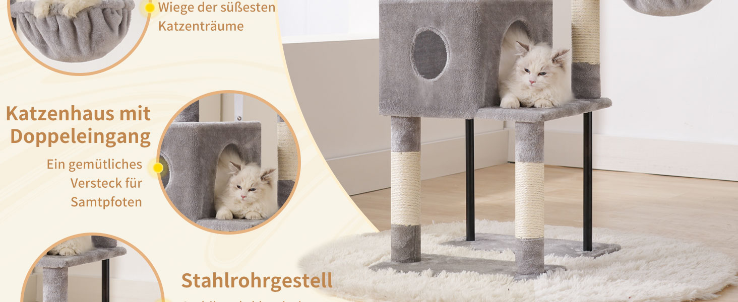 Котячий будиночок Heybly Kratzbaum HCT200SW, 125 см: кігтеточка, будиночок, лежанка, стрибкова платформа, сірий