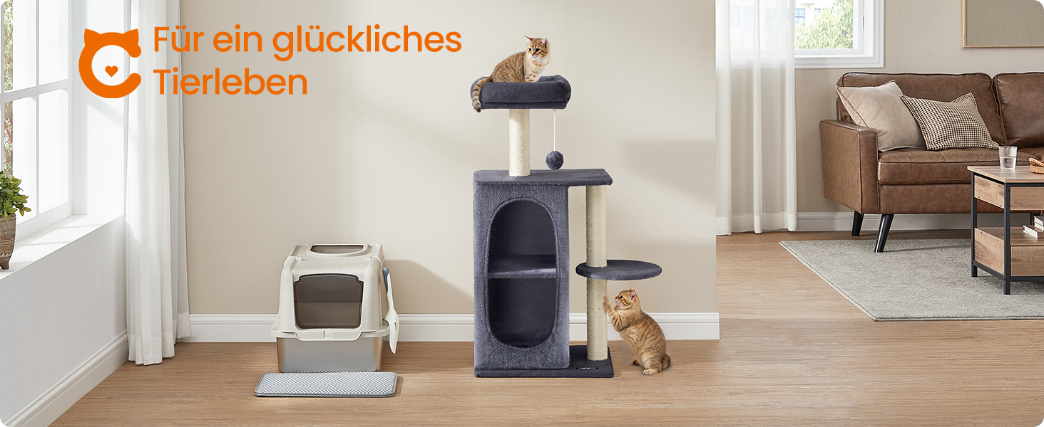 Дряпка для котів Feandrea, кігтеточка з 2 будиночками, кігтеві стовпи, для кількох котів, кошенят, сіра (PCT005G01)