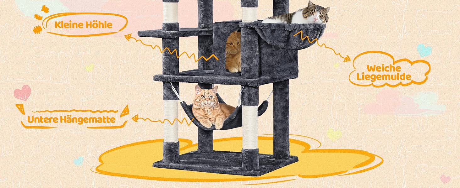 Котячий комплекс Yaheetech 170 см XL: кігтеточка, ліжко, гамак, іграшки, темно-сірий