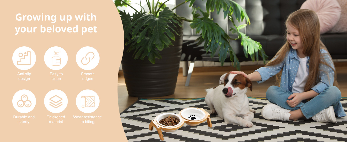 Набір мисок для котів та собак GmeDhc: 2 миски з кераміки на дерев'яній підставці