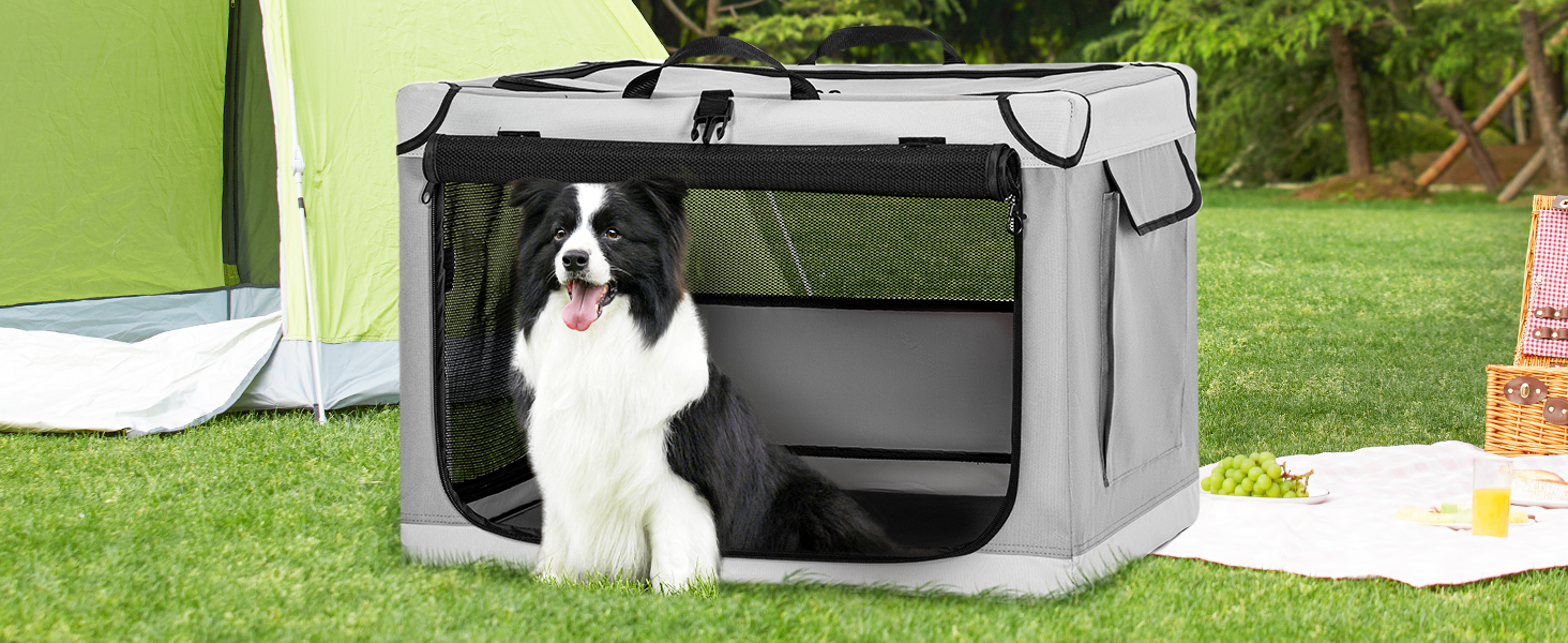 Складаний бокс для великих собак Petsfit, світло-сірий, L 91×61×59 см, міцна транспортна клітка з вентиляційною сіткою для дому та подорожей