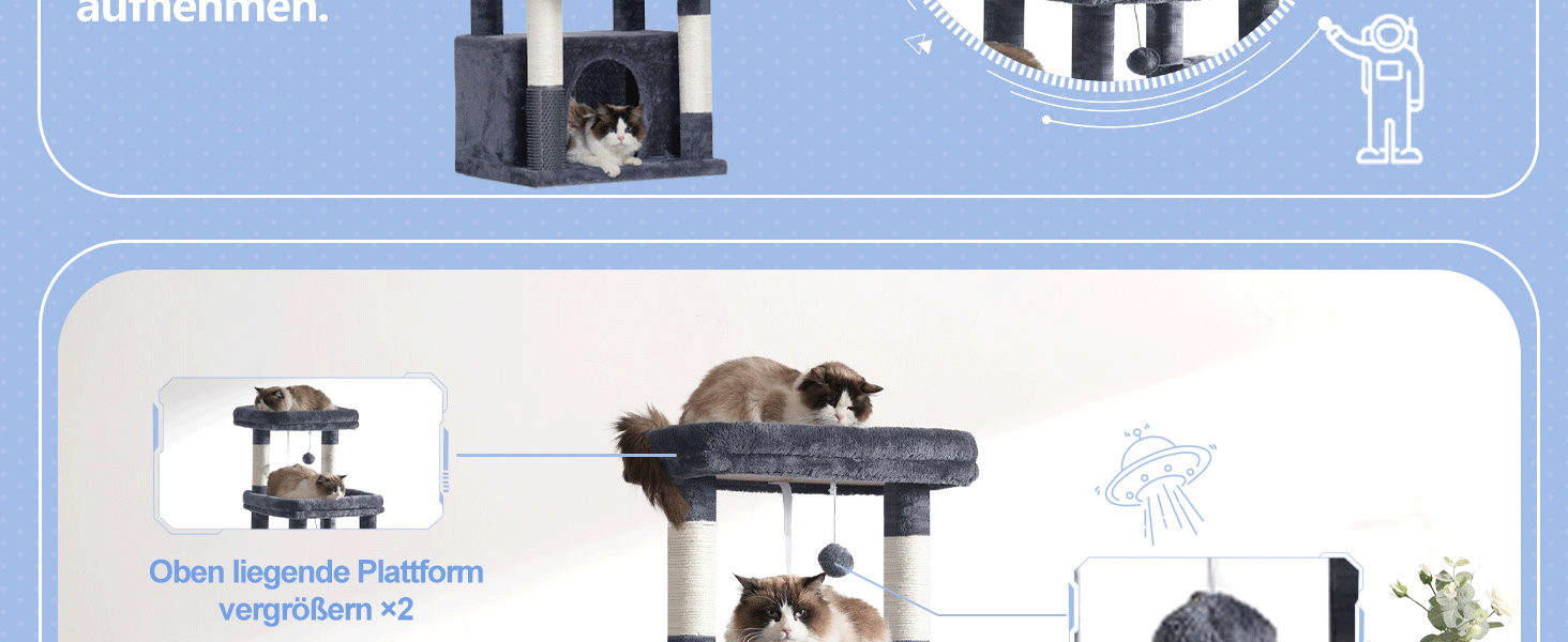 Котячий будиночок Hey-brother Kratzbaum для великих котів та Мейн-кунів, багатоярусний, стабільний, з 2 платформами, 2 котячими будиночками, великою печерею та щіткою, EMPJ070W (димно-сірий)