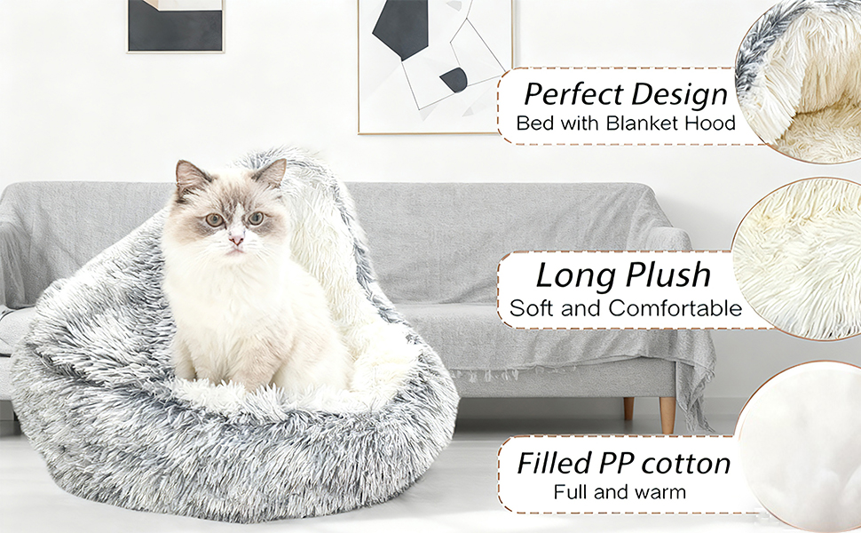 М'яке ліжко для домашніх тварин: ліжко для котів та собак, плюшеве, тепле, з капюшоном, антиковзаюче, сіре (65 см Ø)