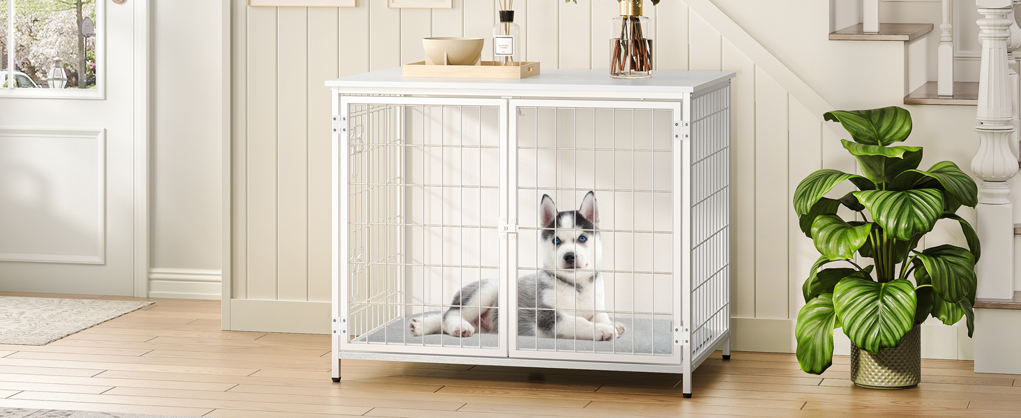 Клітка для собак з подушкою, 100 см, з двома дверцятами, з дерева, для маленьких, середніх та великих собак, біла ADCBW10701 (80 x 55 x 65 см)
