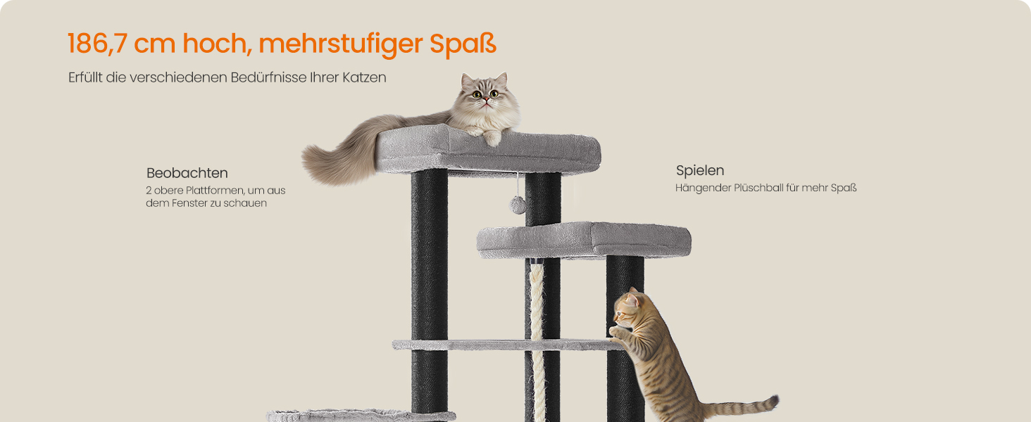 Кігтеточка Feandrea для котів, велика, багатоярусна, XXL, 55 x 55 x 186,7 см, товщина сизалю 11 см, для великих порід котів (Мейн-кун), сіро-чорна, артикул PCT008G02