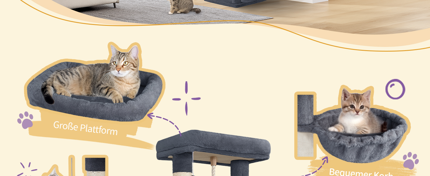 Дерево для котів Hzuaneri Kratzbaum 149 см з 5 стовпчиками для шліфування, платформами, печереєю, багатоярусне котяче ігрове дерево, помпонами, MS14918LG (темно-сірий)