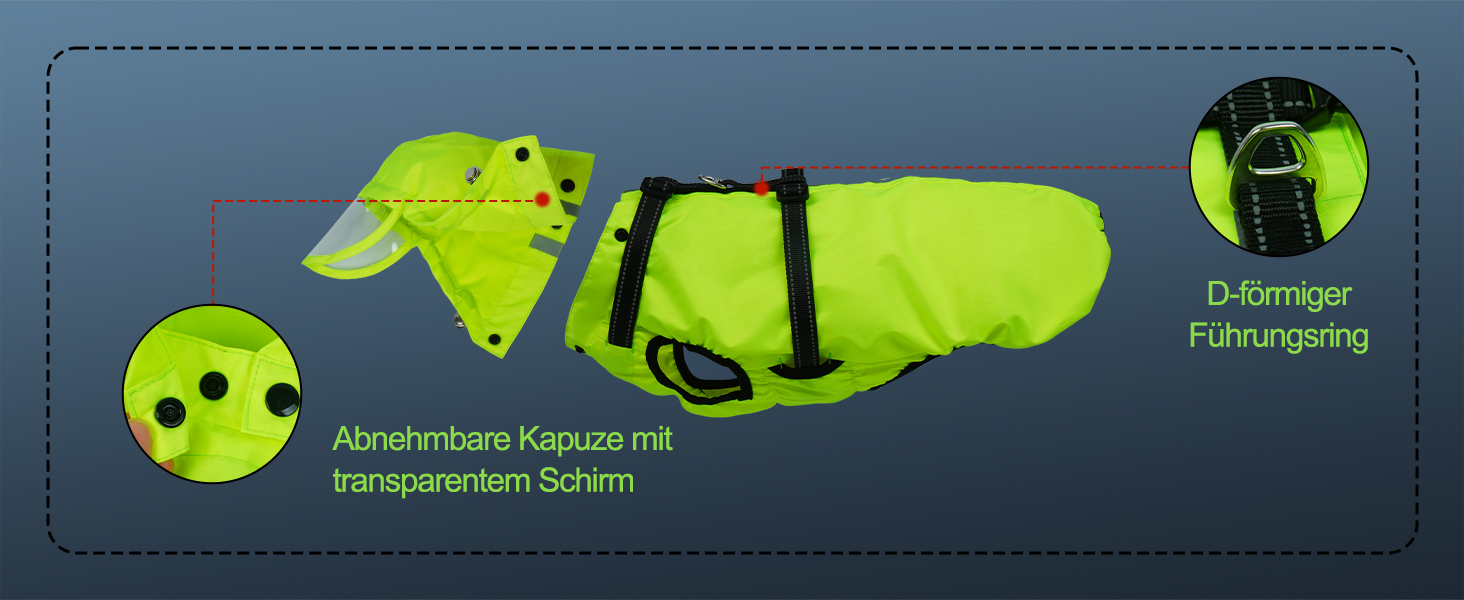 Водонепроникний дощовик для собак OUOBOB з відкидною капюшоном та світловідбиваючими смугами, H-подібне кріплення, розмір M, колір: Neon Green