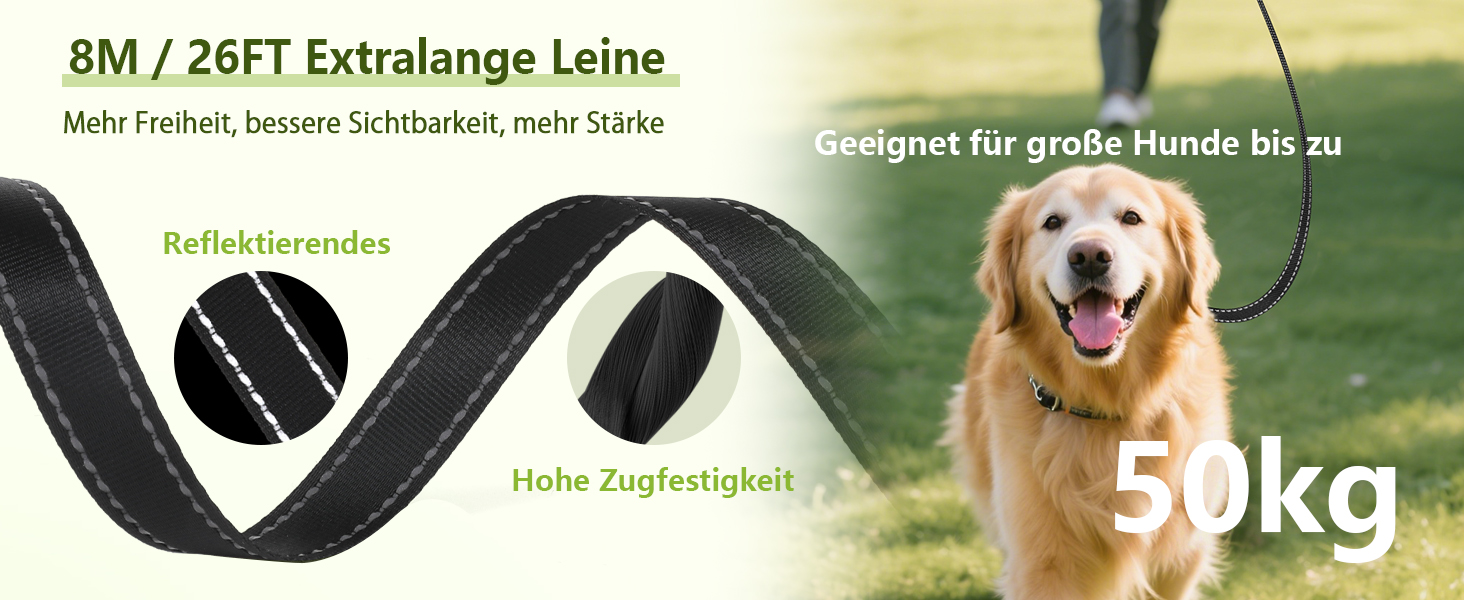 Рулетка для собак Pecute 8м з LED-підсвічуванням, 360° без перекручування, для собак до 50 кг