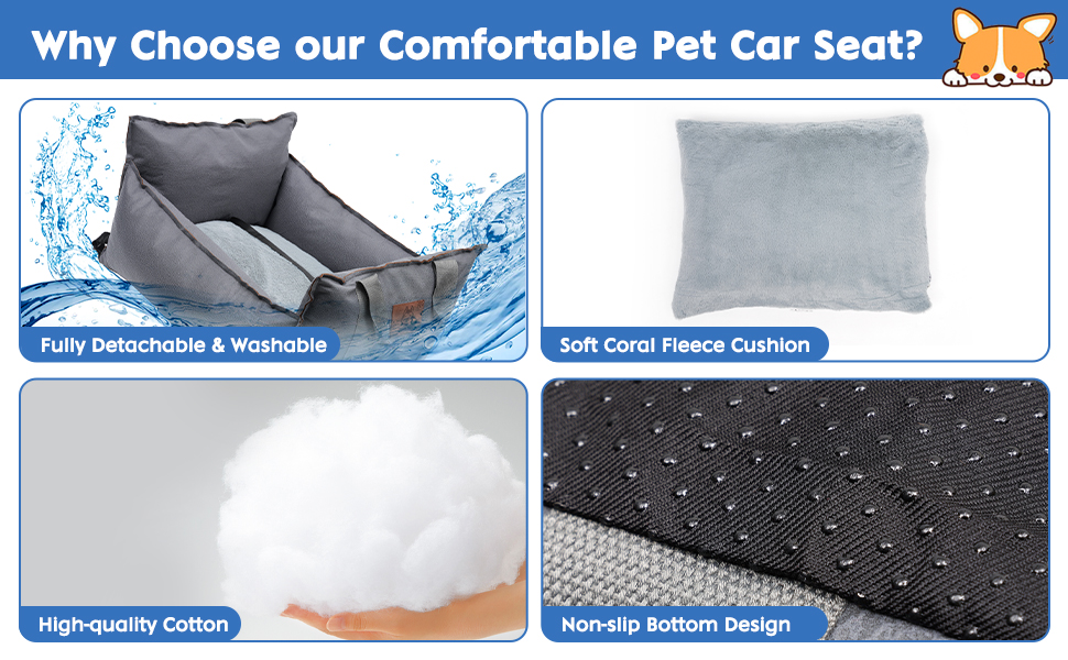 Автокрісло для собак 2-в-1 з ременем безпеки, автокрісло та ліжко для собак, знімний килимок та чохол, миється, для собак маленьких та середніх порід, сірий & блакитний
