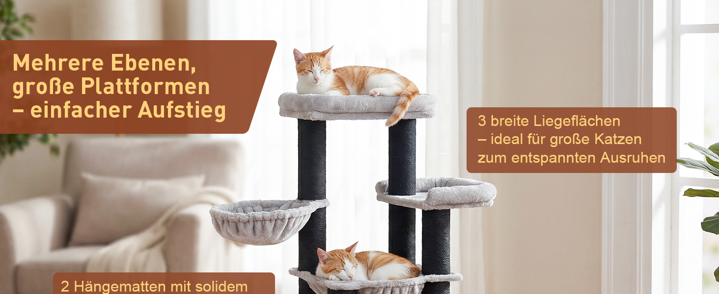 Великий котячий будиночок Kratzbaum Groß: 164 см, для великих котів (Maine Coon), стабільний, з гамаком, платформами та печерею