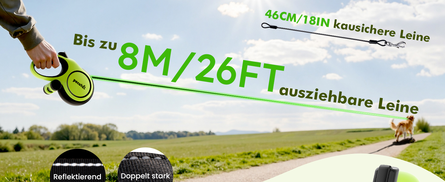 Рулетка для собак Pecute 8м, бічна, з набором для збору відходів, 10-50 кг, зелена