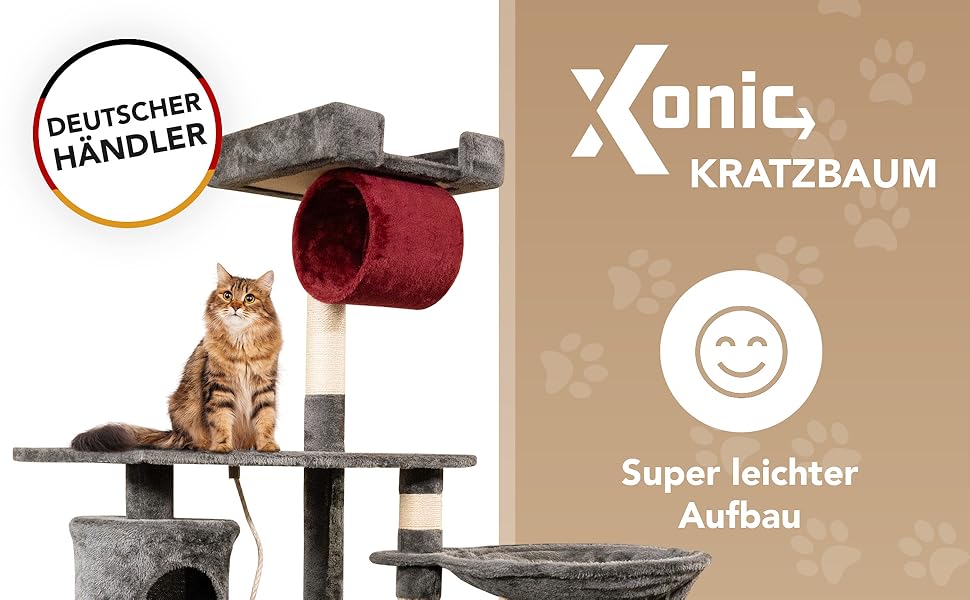 Стійке котяче дерево Foxdevil by xonic® 141 см з ігровими елементами: лежанка, будиночок, гамак, канат, сходи, платформа (сірий/червоний)