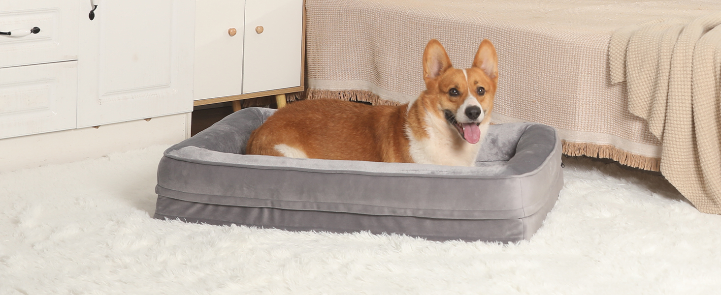 Ортопедичне ліжко для собак великих порід, ергономічне диван-лежанка з піною у формі подушки, водовідштовхуваче ліжко з неслизьким покриттям, 89x63 см, світло-сірий, коричневий, розмір 89 x 63 x 17 см