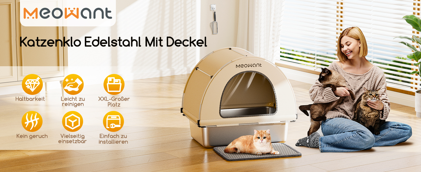 Лоток для котів MeoWant з нержавіючої сталі, великий, з дахом, герметичний, антибактеріальний, легко миється, білий