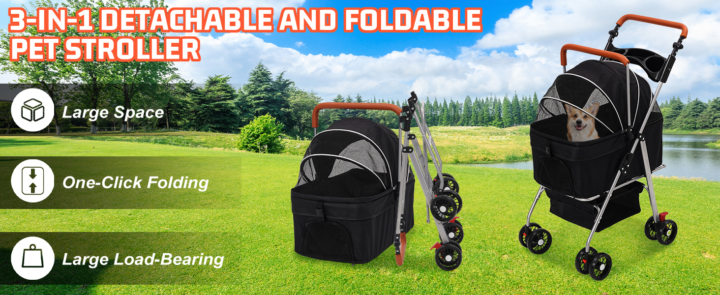 Візок для собак 3 в 1, до 20 кг, складний, з колесами, кошиком, сіткою, тримачем для напоїв, регульованою ручкою, для собак та котів
