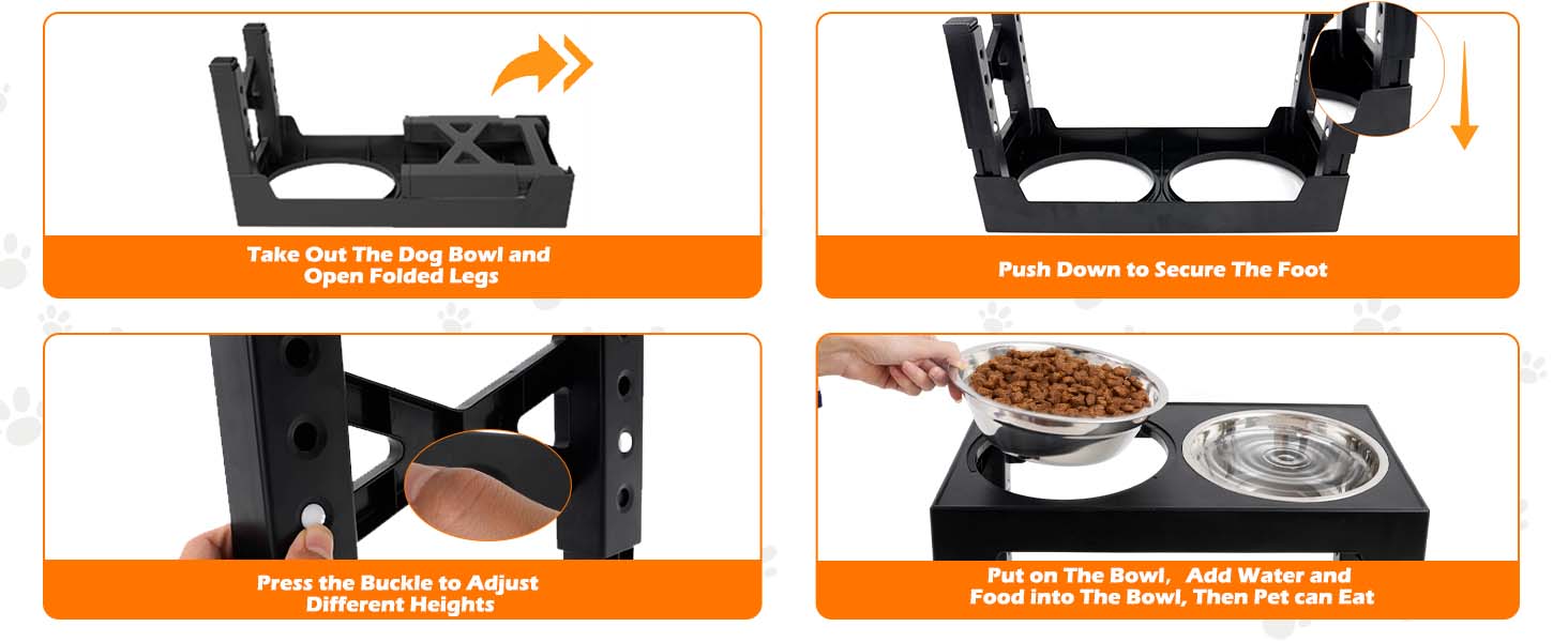 Підвищена годівниця для собак та котів, регульована висота, з нержавіючої сталі, 2 миски, чорна