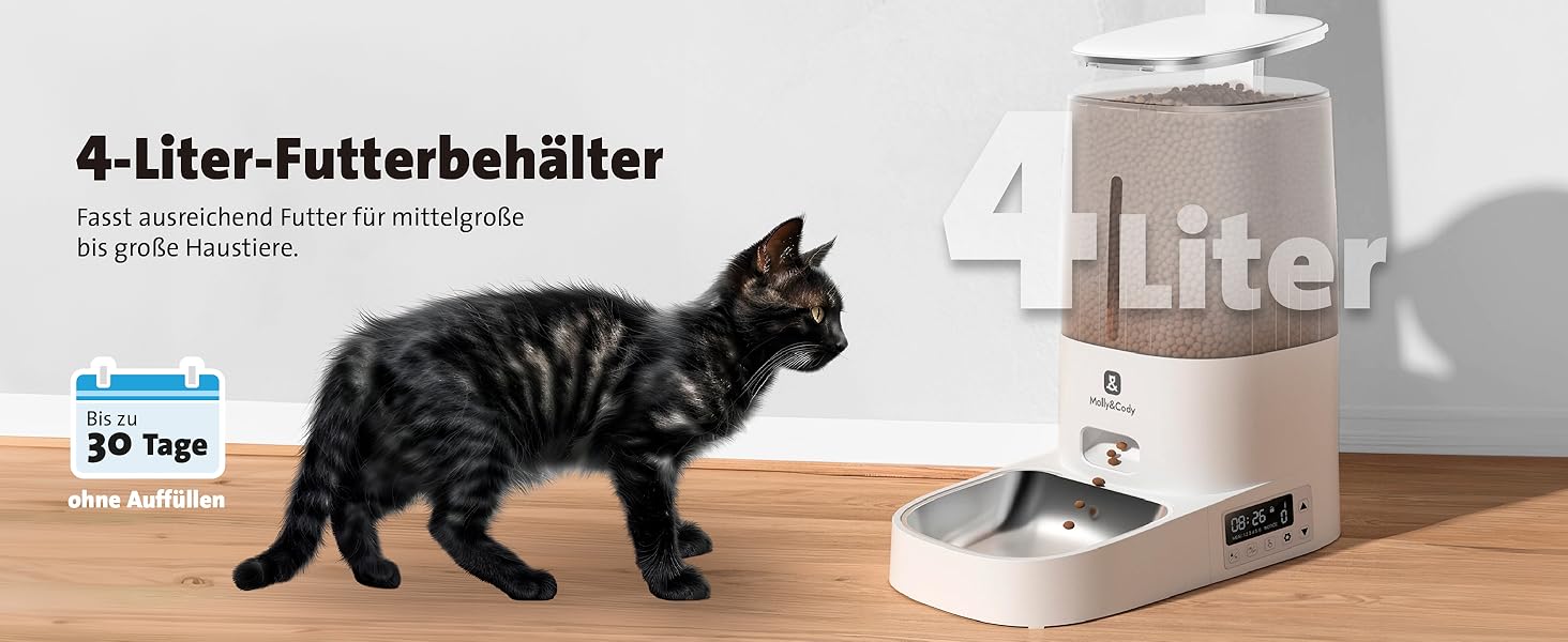 Автоматична годівниця для котів і собак Molly&Cody BALOU, 4 л, для сухого корму, таймер, 2 миски, LED дисплей, блокування кнопок, подвійне живлення