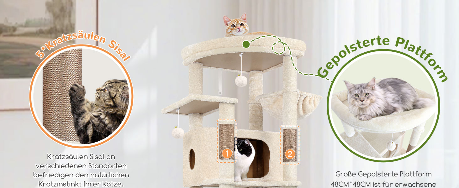 Драбина для котів Globlazer XXL, 188 см, з будиночком, платформами, кошиками. Стабільна, антикіпкість, для великих котів, бежева