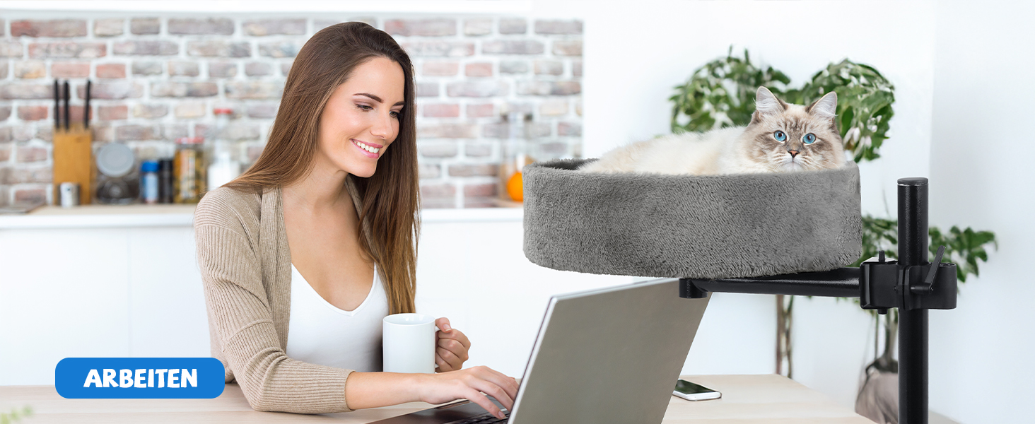 BSWAY Лежанка для кота на стіл - без свердління, 360° обертання, регульована висота. Підвищена котяча лежанка над столом. Тримає кошеня/кота близько, робочий простір чистий. (Темно-сірий, XL)