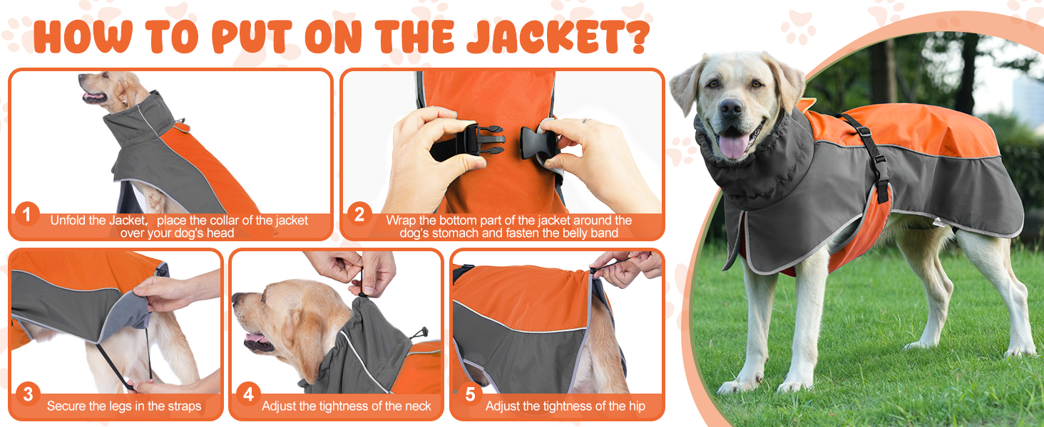 Водонепроникна куртка для собак, світловідбиваюча, вітрозахисна, тепла зимова куртка з м'яким флісовим підкладкою для собак маленьких та великих порід, для активного відпочинку, кемпінгу та походів у холодну погоду, розмір M (спина: 50 см), помаранчевий колір