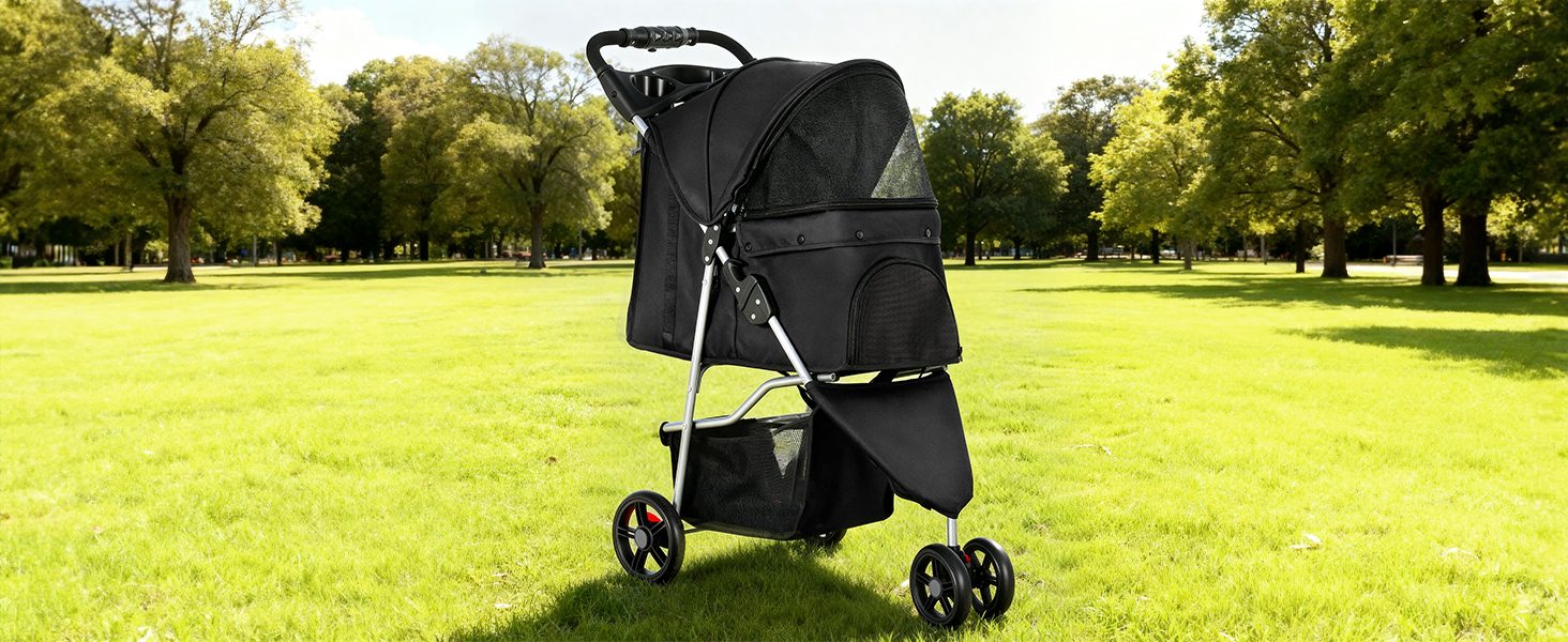 Візок для собак та котів YITAHOME 15 кг, чорний, з трьома колесами, сітчастим вікном та гальмами