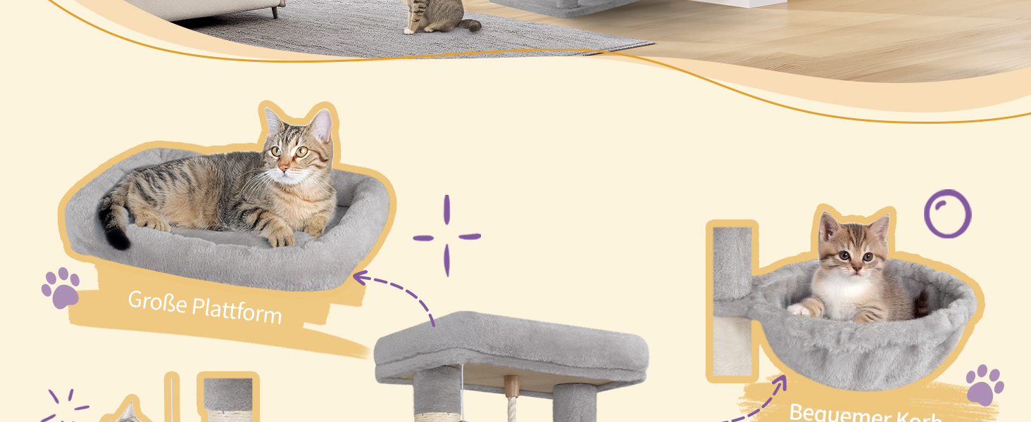 Когтедрашка для котів Hzuaneri, 149 см, з 5 когтеточками, платформами, будиночком, помпонами, сірого кольору MS14918LG