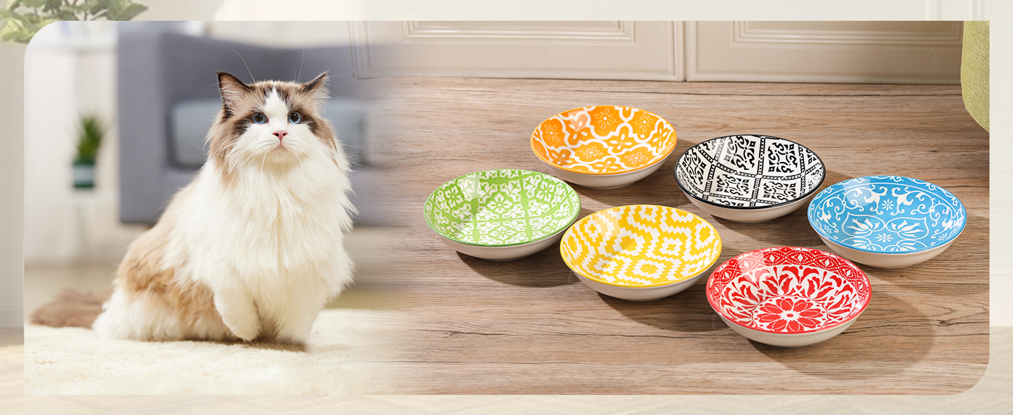 Набори мисок для котів з кераміки Katzennäpfe - 6 шт. Миски для корму котів, широкі та плоскі, місткістю 250 мл, білий колір, стиль мінімалізм, безпечні для мікрохвильовки та мийки