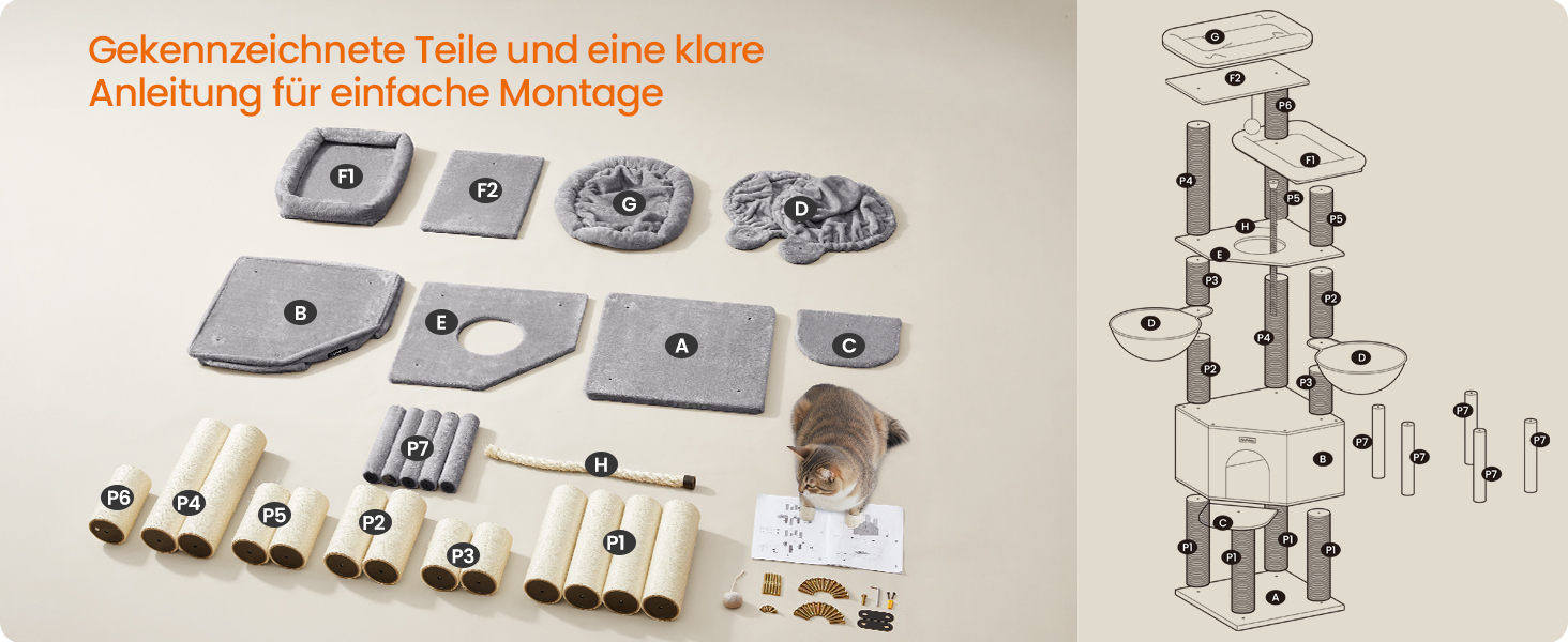 Декілька поверхів, великий котячий будиночок Feandrea, XXL, 55 x 55 x 186,7 см, товсті сизалеві стовпи (11 см), для великих котів (наприклад, мейн-кун), сірий та чорний котячий будиночок, PCT008G02