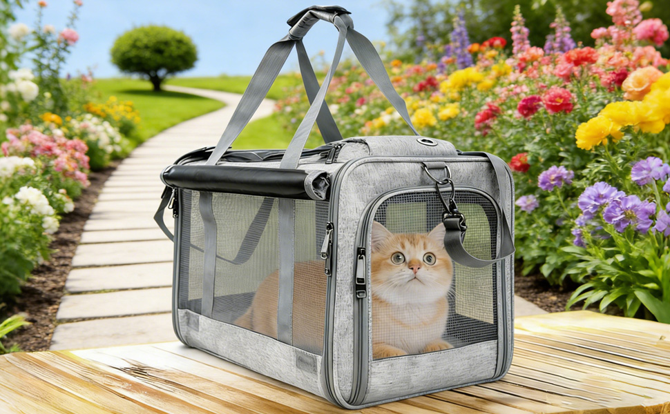 Транспортна переноска для котів та собак, 46x30x30 см, темно-сіра, складана, з вентиляційною сіткою та кишенею, до 10 кг