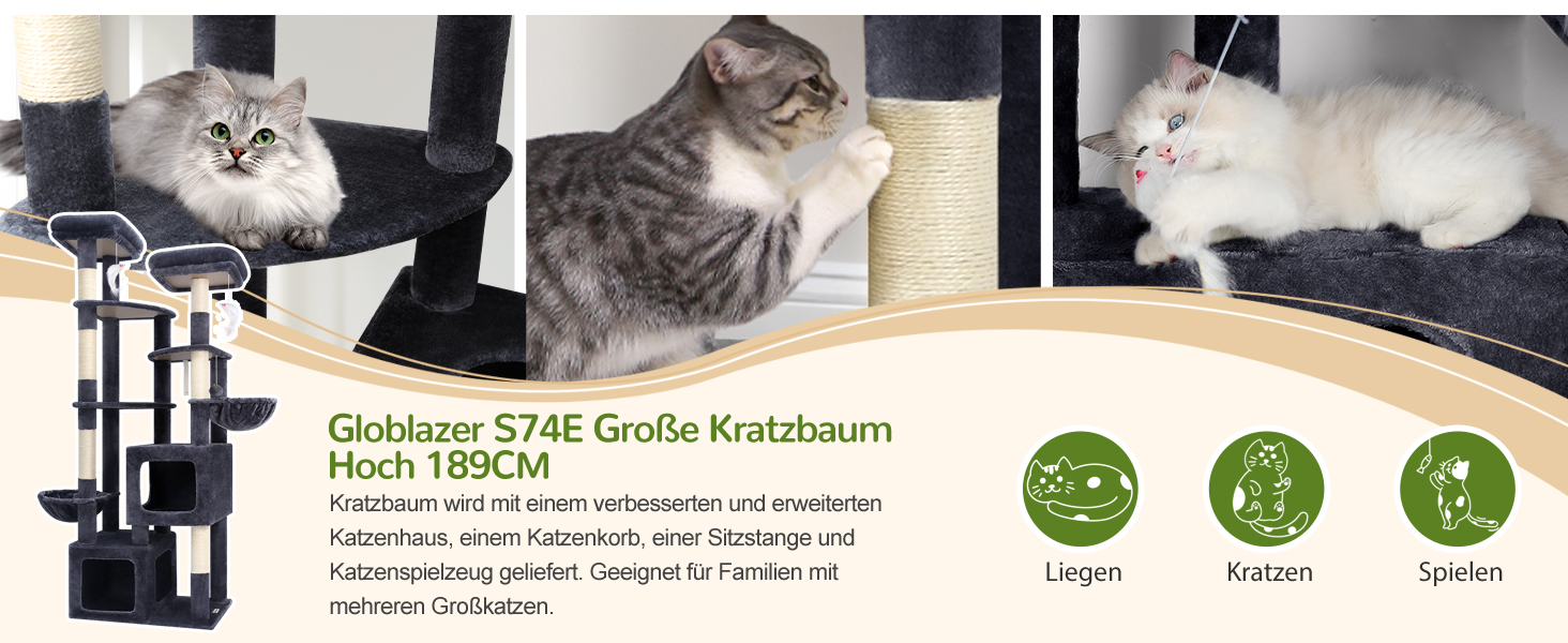 Драбина для котів Globlazer XXL (189 см) з великою печерею та платформами, 2 лежаками, 2 кошиками, стабільна конструкція, темно-сірий