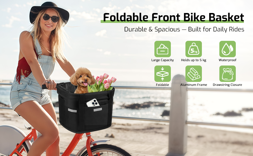 Кошик для велосипеда на кермо, складаний, водовідштовхуючий, знімний, з адаптером для керма, шнурковий замок, для собак, для покупок та подорожей