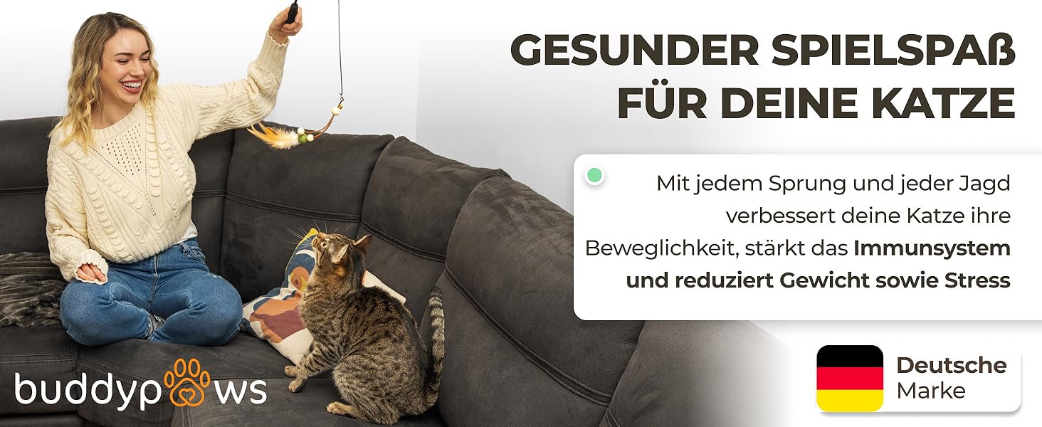 BuddyPaws® Паличка-пір'їна для котів Stabil – Інтерактивна іграшка з 4 пір'ями та котячою м'ятою, висувна 42-104 см, гнучка, з запасним шнуром, аксесуари для котів