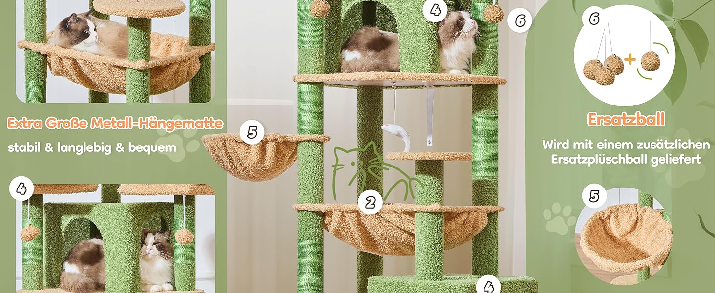 Кігтеточка для котів Taoqimiao 193 см, велика, XXL, з будиночками, гамаком, кошиком та 7 стовпчиками для заточування кігтів, сірий/зелений (MS047G)